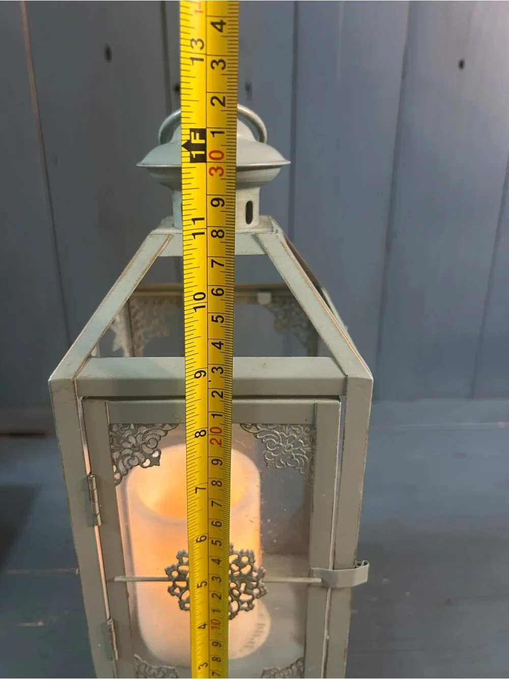 Pier 1 Imports Light Blue Metal Decorative Lantern with Filigree Medallion